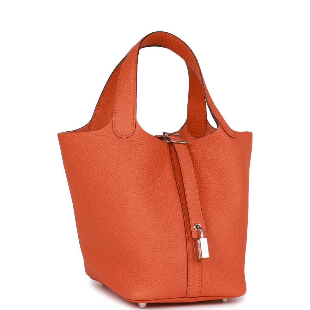 Hermes Picotin Lock Eclat bag MM Orange poppy/ Bordeaux Clemence leather/  Swift leather Silver hardware