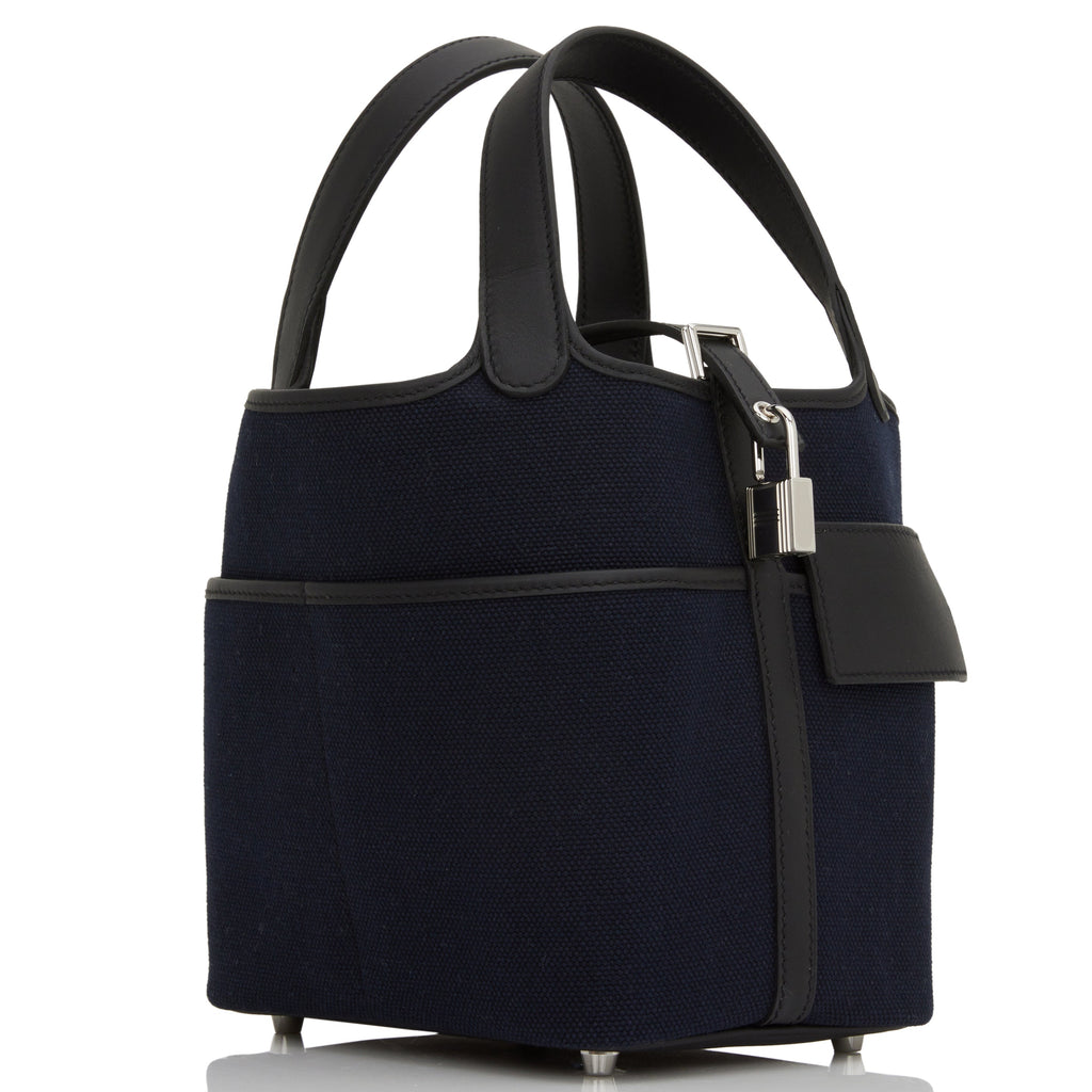 Hermes Picotin Cargo 18 Bleu Marine and Black Swift and Toile Canvas Palladium Hardware Blue Madison Avenue Couture