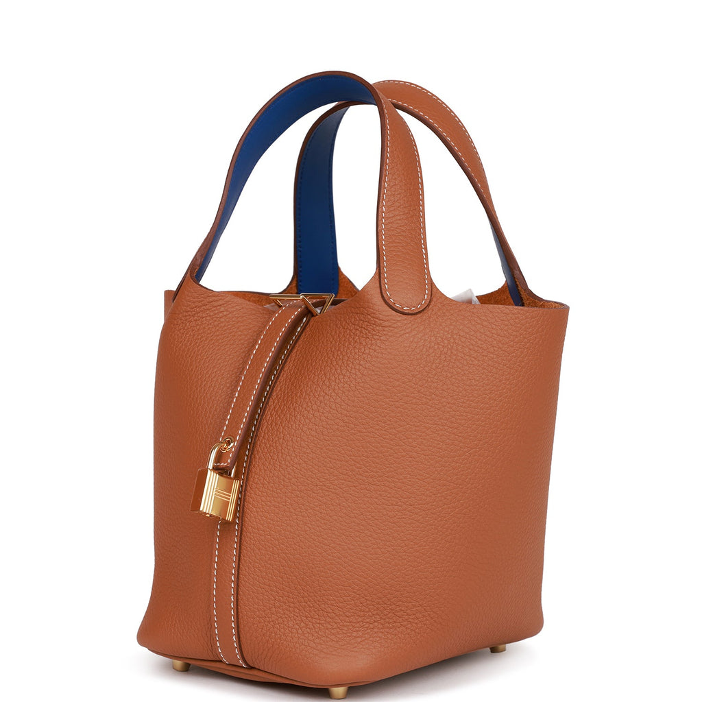 Hermes Picotin Lock Eclat bag MM Gold/ Blue brume Clemence leather