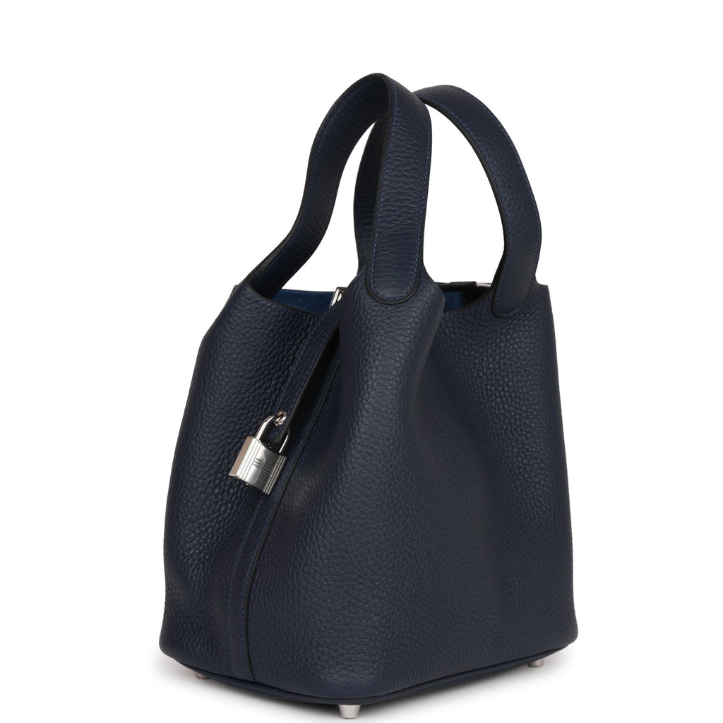 Hermès Picotin Lock Blue Nuit Feutre Wool and Black Swift 22 Palladium Hardware, 2021 (Like New), Blue/Black/Silver Womens Handbag