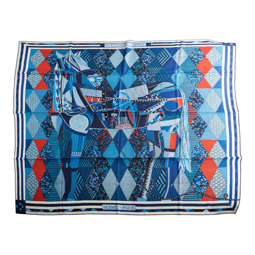 Hermes "Patchwork Horse" Bleu Royal Cashmere and Silk Shawl 140cm