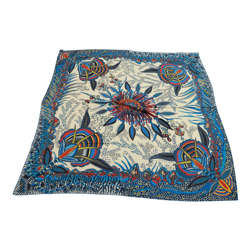 Hermes "Flowers of South Africa" Blue Giant Silk Shawl Scarf 140cm