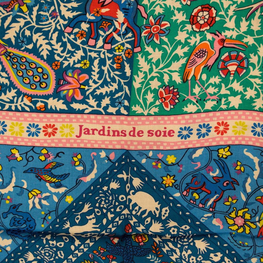 Hermes "Jardins de Soie" Blue Cashmere and Silk Shawl Scarf 140cm