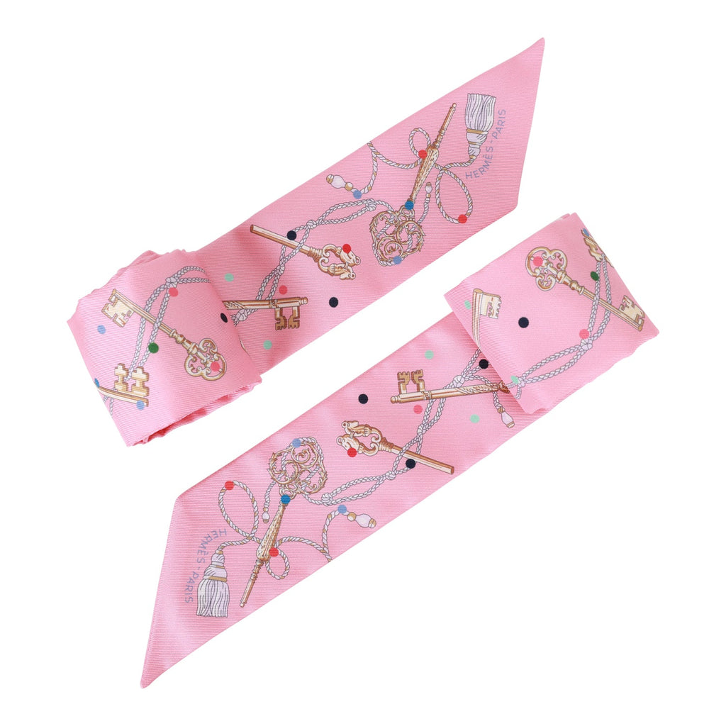 Hermes "Les Cles A Pois" Pink Silk Twilly Pair