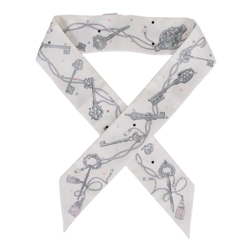 Hermes "Les Cles A Pois" White Silk Twilly