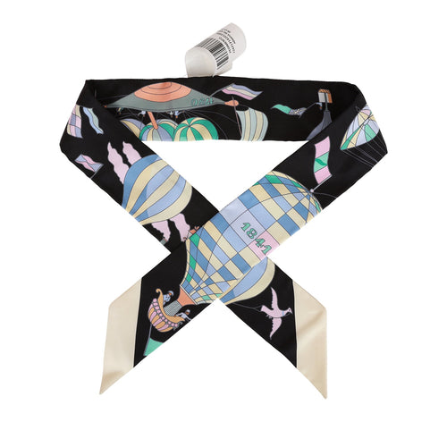 Hermes "Les Folies du Ciel" Black Silk Twilly Pair