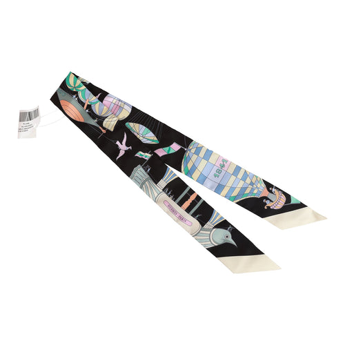 Hermes "Les Folies du Ciel" Black Silk Twilly Pair
