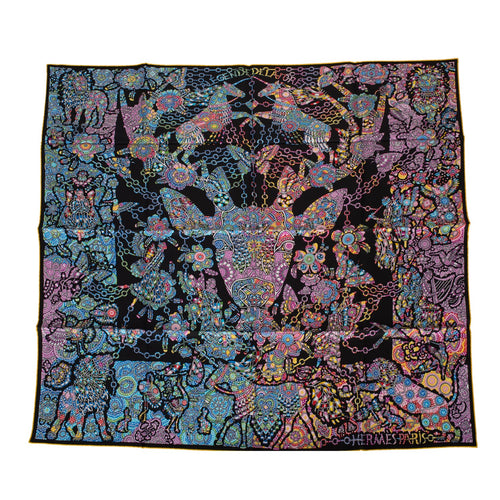 Hermes "La Legende de la Foret" Black Silk Twill Scarf 90cm