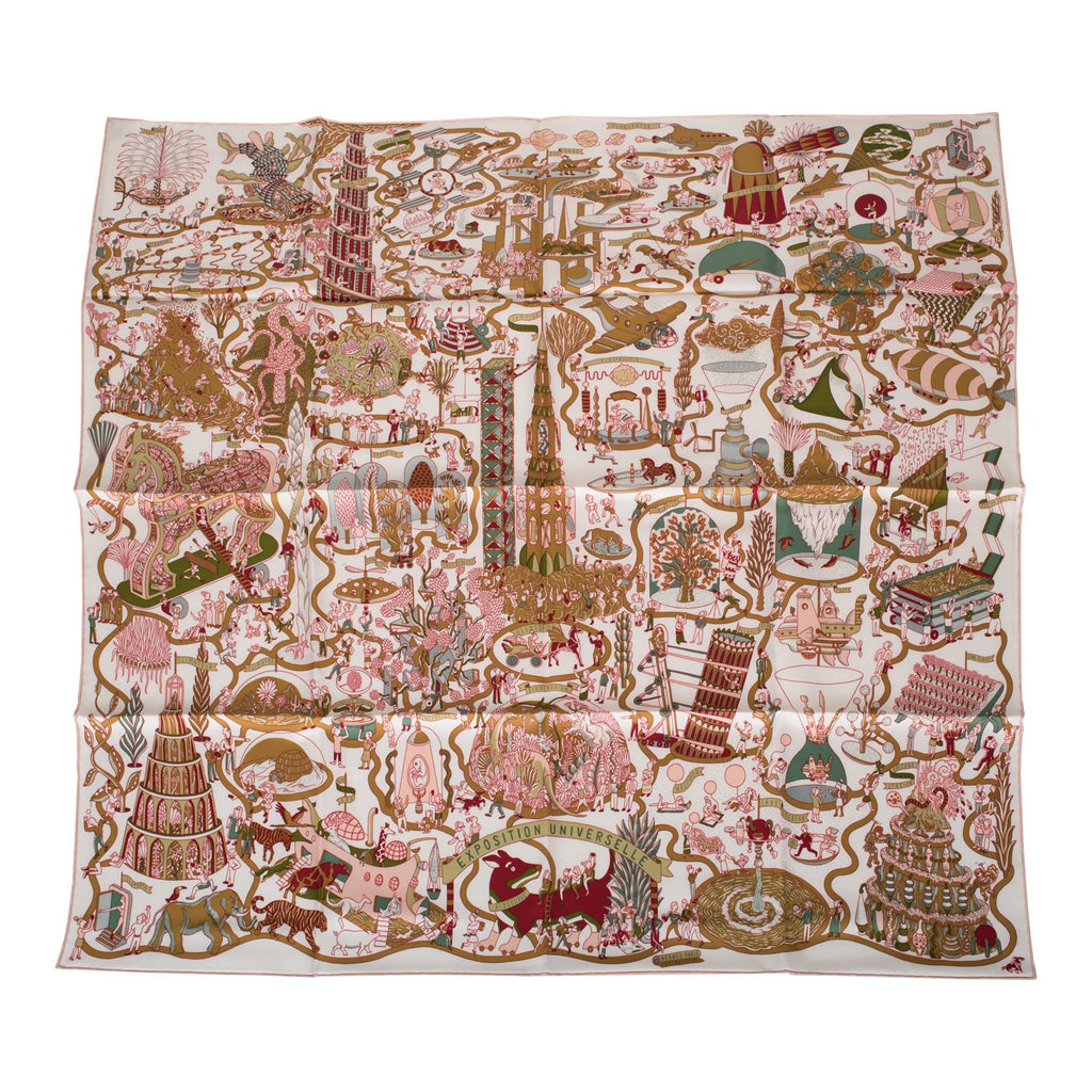 Hermes "Exposition Universelle" White Silk Twill Scarf 90cm