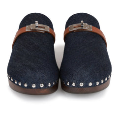 Hermes Carlotta Mule Bleu Brut Denim and Gold Calfskin 38