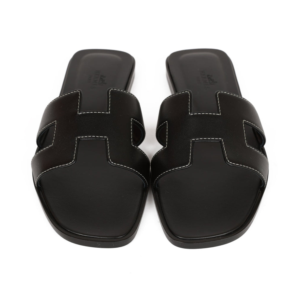 Hermes Black Studded Calfskin Leather Oran Sandals Size 8.5/39