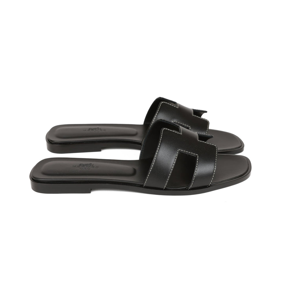Hermes Oran Black Box Leather Sandals White Stitching Size 40 or 9.5 o -  Chicjoy