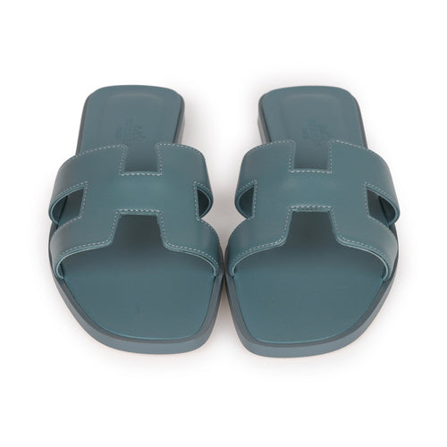 Hermes Oran Sandals Bleu Pinede Box Calfskin EU 38
