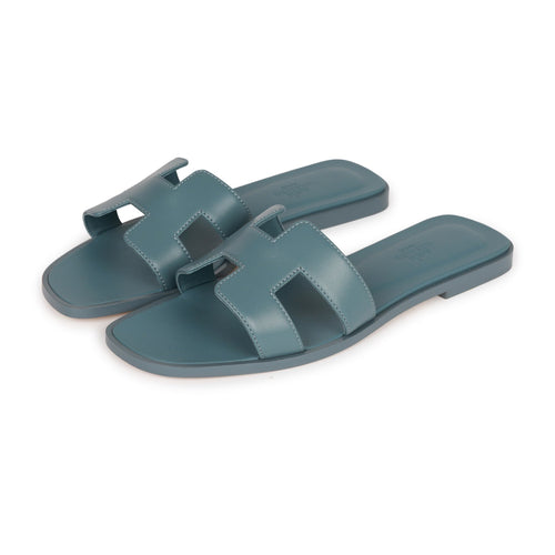 Hermes Oran Sandals Bleu Pinede Box Calfskin EU 38