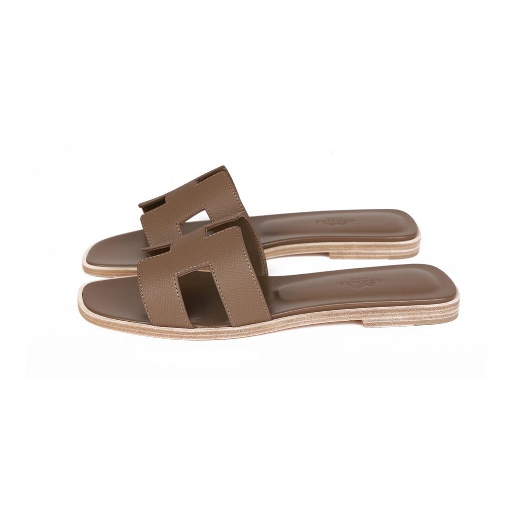Hermes Oran Sandals in Etoupe Epsom Leather Size 37