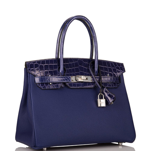 Hermes Bleu Encre Shiny Niloticus Crocodile/Togo Birkin Touch 30cm Palladium Hardware