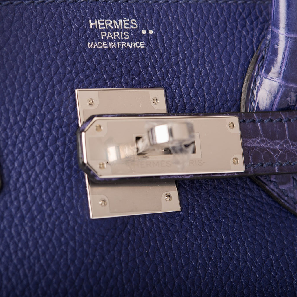 Hermès Birkin Touch 25 Blue Encre Togo & Niloticus Crocodile Palladium  Hardware