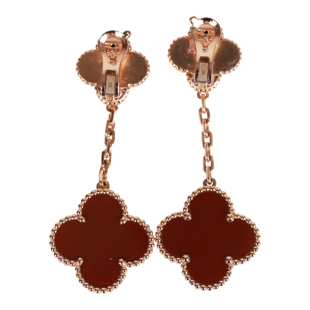 Van Cleef & Arpels Vintage Alhambra 18k Rose Gold and Carnelian 2 Motif Earrings