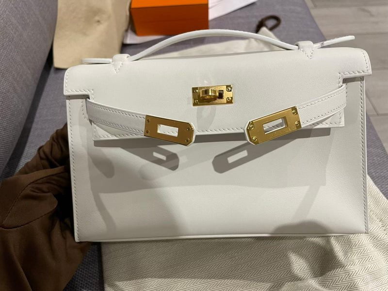 Hermes Kelly Mini Pochette Bag Epsom Leather Gold Hardware In White