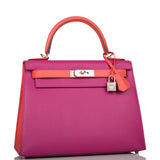 Pre-owned Hermes Special Order (HSS) Kelly Sellier 28 Rose Pourpre and Rose Jaipur Epsom Brushed Palladium Hardware